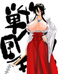 7961_shiki bamboo-shafted_broom bamboo_broom black_hair blue_eyes blue_hair bow breasts broom cleavage collar curvy detached_sleeves erect_nipples female gigantic_breasts goggles goggles_on_head gohei hair_ornament hair_ornaments hair_ribbon hairbow hakama hand_on_hip hips holding huge_breasts japanese_clothes jewelry kimono kimono_skirt large_breasts long_hair magatama miko nail_polish necklace necktie nipple_slip nipples no_bra open_clothes open_shirt pointy_ears ponytail psikyo ribbon sandals sengoku_ace sengoku_ace_episode_ii sengoku_blade sengoku_cannon shiny shiny_skin shirt simple_background skirt smile smirk solo standing tengai tied_hair togashi_koyori very_long_hair weapon wide_sleeves yukata