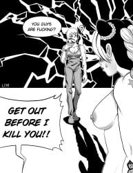 ? black_and_white braided_hair breasts dialogue english_text female foo_fighters greyscale halftone jojo's_bizarre_adventure jolyne_kujo kinktober_2025 lfam nipples overalls self_upload speech_bubble stone_ocean sweatdrop tagme voyeurism