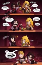 18th_birthday 1boy 2girls armored_male black_hair black_hair_female blonde_female blonde_hair clothed_female color dialogue drink female flirting jaune_arc long_hair long_hair_female male purple_eyes red_highlights robotic_arm ruby_rose rwby silver_eyes the_other_half wanting_sex yang_xiao_long