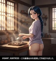1girls ai ai_(artist) ai_assisted ai_generated alternate_version_at_source ass bare_ass blue_eyes blue_hair blush booty bottomless bottomless_female braid braided_hair braided_ponytail bubble_ass bubble_butt buttocks cabin chinese dark_blue_hair day daylight daytime female golden_hour highres house housewife intimate intimate_connection kitchen looking_at_viewer loose_clothes loose_shirt pink_lips pink_lipstick purple_shirt self_upload serving serving_drink sun_rays toned toned_ass toned_back toned_body toned_butt toned_female