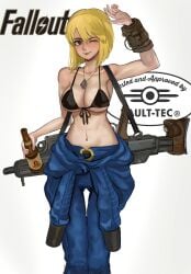101ho 1girls 2025 2d 2d_(artwork) assault_rifle assault_rifle_(fallout_4) background_text big_breasts bikini_top black_bikini black_bra blonde-haired_female blonde_female blonde_hair blue_eyes bra breasts dogtags english_text fallout female female_only gun human human_only light-skinned_female light_skin lipstick nuka-cola one_eye_closed pip-boy pose questionable rifle shielding_eyes short_hair solo solo_female text vault_dweller vault_girl vault_meat vault_suit weapons white_body white_skin