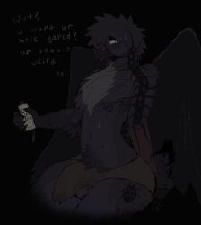 alternative_fashion anthro avian balls balls_outline beak beak_piercing beak_ring bird black_background blue_body bodily_fluids bulge clothed clothing corvid corvus_(genus) crow detailed_bulge emo erection erection_under_clothing eyebrow_piercing facial_piercing furgonomics furry-specific_piercing genital_fluids genital_outline grey_body hi_res male male_anthro male_only nose_piercing nose_ring oscine passerine penis penis_outline piercing precum precum_through_clothing precum_through_underwear ring_piercing simple_background sitting solo solo_male sweat sweatdrop tattoo tenting tongue tongue_out trans_(lore) trans_man_(lore) underwear underwear_only wet wet_clothing wet_underwear wings wobbybones