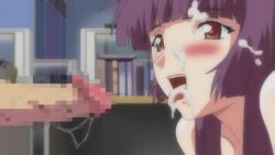 animated arigatou_kafun_shoujo blush censored cum cum_in_mouth cum_on_hair ejaculation facial handsfree_ejaculation kafun_shoujo_chuuihou kafun_shoujo_chuuihou! long_hair office open_mouth penis purple_hair red_eyes saliva the_pollinic_girls_attack! tongue