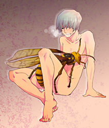 1boy anal barefoot bee bestiality blue_eyes gay grey_hair human human_only insects lying male male/male male_on_male male_only mentsuyu_(artist) monster monster_on_male nude penis sex silver_hair sitting wasp what yaoi zoophilia