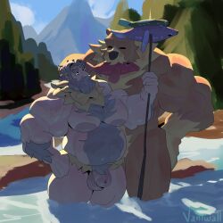 anthro bara bear beard furry gay hairy_male human linus_(stardew_valley) male/male muscles muscular_male nature_background old_man outside river size_difference stardew_valley vaniwall video_games