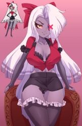 1girls 2024 bow breasts cameltoe cjhomics cleavage female female_only grey_skin hair_ornament hazbin_hotel highres large_breasts long_hair looking_at_viewer missing_eye panties solo vaggie_(hazbin_hotel) white_hair yellow_eyes