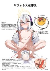 anatomy azusa_(blue_archive) barefoot blue_archive breasts cloaca completely_nude egg egg_laying feet female flower gaping guman_project hair_between_eyes hair_flower hair_ornament halo highres long_hair low_wings make-up_work_club_(blue_archive) navel nipples nude parted_lips pink_eyes small_breasts solo squatting sweat translation_request trinity_general_school_student white_background white_hair white_wings wings