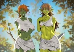 2girls absurd_res areolae belle(blarghonator) blue_eyes brown_eyes brown_hair dirty_clothing female ginny(blarghonator) goblin goblin_female green_skin hi_res highres inkjoel knife long_hair oc orange_hair original original_character pointy_ears portrait short_hair stick the_city_of_reygarth tree underboob white_clothing