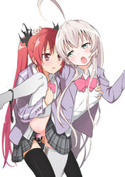 ahoge anal black_legwear black_panties blush bow cthugha_(nyaruko-san) dildo female green_eyes haiyore!_nyaruko-san long_hair multiple_girls namago nyarlathotep_(nyaruko-san) open_mouth panties panties_around_leg panties_around_one_leg plaid plaid_skirt red_eyes red_hair saliva school_uniform sex silver_hair skirt strap-on strap-on_under_skirt thighhighs tied_hair twintails underwear white_legwear yuri