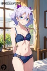 ai_generated arisugawa_kaname arms_behind_back bangs bare_shoulders blue_bra blue_eyes blue_panties blush bow bow_bra bow_panties bra breasts cleavage closed_mouth collarbone cowboy_shot curtains female hair_between_eyes hair_ornament hairclip indoors looking_at_viewer navel panties pikkiwynn purple_hair ribbon small_breasts smile solo stomach tonikaku_kawaii twintails underwear underwear_only window