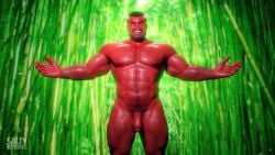 1boy 1human 3d 3d_(artwork) 3d_model bamboo_forest bara bara_tiddies bara_tits black_hair flaccid flaccid_cock flaccid_penis looking_at_viewer male male_focus male_only muscular oc oni oni_horns oni_male original original_character red_penis red_skin saltyrenders setsubun smiling_at_viewer solo solo_focus solo_male