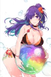 1girls alternate_costume bangs bikini black_bikini black_swimsuit blush breasts choker cleavage commentary_request female female female_only fire_emblem fire_emblem:_three_houses fire_emblem_heroes fire_emblem_warriors:_three_hopes hair_bun hair_over_one_eye large_breasts long_hair looking_at_viewer nintendo outdoors purple_eyes purple_hair shez_(female)_(fire_emblem) shez_(fire_emblem) simple_background single_hair_bun smile solo swimsuit white_background yuuri_(orz_commushows)