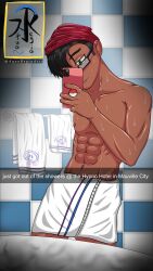 1boy 2022 abs aqua_regia_arts artist_name black_hair cap cayenne_(aqua_regia_arts) dark-skinned_male glasses green_eyes mirror_selfie original_character phone pokemon selfie six_pack solo_male sweat text towel towel_on_head towel_only twink watermark