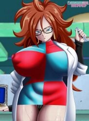 1girls android_21 android_21_(human) auburn_hair big_boobs big_breasts black_nail black_nail_polish black_nails blue_eyes blue_eyes_female breasts busty clothing computer doompypomp dragon_ball dragon_ball_fighterz eyelashes female female_only gigantic_breasts glasses hoop_earring hoop_earrings huge_boobs huge_breasts lab lab_coat lab_coat_only large_boobs large_breasts looking_at_viewer looking_down looking_down_at_viewer milf mother nipples nipples_visible_through_clothing orange_hair scientist smile solo striped_clothes striped_clothing striped_dress sweat sweatdrop sweating sweaty sweaty_thighs thick_thighs thighs wide_hips wife