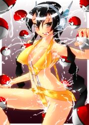 big_breasts black_eyes black_hair breasts bukkake cleavage cum cum_in_mouth cum_on_body cum_on_breasts cum_on_clothes cum_on_hair cum_on_lower_body cum_on_upper_body elesa_(pokemon) elesa_(pokemon_bw2) facial game_freak headphones highres holding_pokeball hourglass_figure kouichi_129 nintendo pokeball pokemon pokemon_bw2