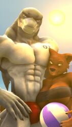 1boy 1boy1girl 1girls anthro athletic awkward beach beachball bear bra brown_fur couple dasha_(petruz) duo erection_under_clothes female fish grey_body grey_eyes hammerhead_(petruz) looking_at_viewer male male/female mr_sfm muscular muscular_female muscular_male outdoors petruz_(copyright) photo sfm shark source_filmmaker underwear yellow_eyes