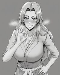 1girls ai_generated big_breasts bleach breasts busty cleavage csmite fellatio_gesture female female_focus gesture grin huge_breasts kimono large_breasts long_hair looking_at_viewer matsumoto_rangiku monochrome nai_diffusion naughty naughty_face naughty_smile oppai robe smile solo stable_diffusion very_long_hair voluptuous voluptuous_female