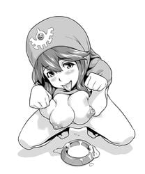 barefoot blush breast_squeeze breasts clothing cum dragon_quest dragon_quest_ii female female_only from_above hood human large_breasts looking_at_viewer monochrome nipples nude open_mouth paw_pose pet_bowl princess_of_moonbrook shin_(sin-maniax) solo squatting tongue