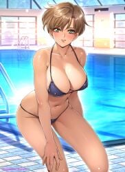 1girls bikini bishoujo_senshi_sailor_moon blonde_hair blush cleavage female green_eyes haruka_tenou huge_breasts indoor_pool large_breasts looking_at_viewer oyaman pool poolside short_hair solo swimsuit