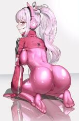 1girls alice_(nikke) ass ass_focus big_ass blush bodysuit bodysuit_under_clothes breasts cameltoe feet female female_only goddess_of_victory:_nikke headphones jacket kneeling long_hair looking_at_viewer looking_back pink_bodysuit pink_clothing pink_eyes pink_hair pink_jacket rdy smile