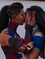 2girls 3d black_hair closed_eyes edenian embrace female female_only fingerless_gloves hand_on_face hand_on_shoulder head_tilt imminent_kiss incest incest_(lore) intimate kissing kitana kiteena long_hair mileena mortal_kombat mortal_kombat_1_(2023) open_mouth princess rayalterego23 royalty sisters tongue_kiss touching_lip twin_sisters twincest twins yuri