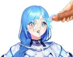 :o blue_eyes blue_hair braid braided_ponytail butterfly_hair_ornament cock_worship cum cum_on_face edited edited_image facial male_masturbation penis tsukino_diana virtual_youtuber vtuber