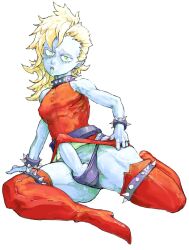 1boy androgynous atlus blonde_hair blue_skin bodyconian demon demon_boy earrings erection genderswap_(ftm) goatsnake green_eyes heel_boots heels long_boots long_hair male male_only megami_tensei pointy_ears rule_63 shin_megami_tensei shin_megami_tensei_ii sleeveless solo solo_male spiked_bracelet spiked_collar vomit