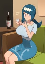 1girls alcohol barleyshake blue_eyes blue_hair bottle breasts clothed_female couch female female_only gigantic_breasts lana's_mother_(pokemon) large_breasts milf pokemon sake_bottle sake_cup sitting skirt solo