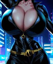 ai_generated catsuit cattlec catwoman cleavage close-up covered_breasts dc dc_comics gigantic_breasts head_out_of_frame huge_breasts latex_suit solo thin_waist unzipped_bodysuit wide_hips