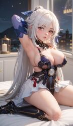 1girls ai_generated armpits arms_up bare_shoulders big_breasts blush boots cleavage clothing cortezian_generations dress female gloves hard_nipples hi_res honkai:_star_rail honkai_(series) hoyoverse huge_breasts jingliu_(honkai:_star_rail) kneeling long_hair mihoyo night_sky no_blindfold patreon solo stars thick_thighs thighs white_hair