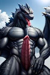 1boy ai_generated animal_genitalia animal_penis balls black_body cum dragon dragon_penis godzilla godzilla_(series) hi_res lizard male male_only monsterverse penis red_eyes scalie solo testicles tongue_out wings