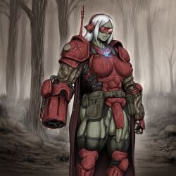 ai_generated arm_cannon armor breastplate breasts buckles camo_print chest_gem cloak cock fishnet_legwear fishnets futa_only futanari garter_straps gauntlet greyscaler orc orc_futanari penis penis_armor red_armor solo solo_futa straps weapon