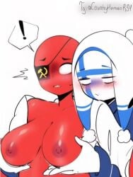 1boy 1girls 2d ai_generated alternate_version_available better_version_available big_breasts breasts countryhumans countryhumans_girl female finland_(countryhumans) male red_body red_skin simple_background soviet_union_(countryhumans) zheniyss