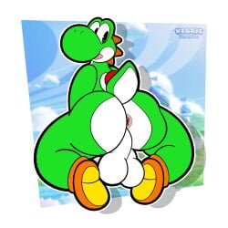 1:1 absurd_res anthro anthro_only anus ass backsack balls big_balls big_butt clothing dinosaur footwear footwear_only genitals green_body green_scales green_yoshi hi_res kneeling looking_back male mario_(series) mostly_nude nintendo open_mouth pink_anus raised_tail reptile scales scalie shoes shoes_only solo super_mario_bros._wonder tail thick_thighs veggieafterdark white_body white_scales wide_hips yoshi yoshi_(character)