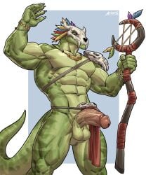 amon-sydonai anthro anthro_only balls bone genitals green_body hi_res lihzahrd lizard male male_only mask muscular muscular_anthro muscular_male penis reptile scalie skull skull_mask solo staff terraria vein veiny_penis witch_doctor_(terraria)