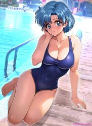 1girls ami_mizuno bishoujo_senshi_sailor_moon blue_eyes blue_hair cleavage kneeling large_breasts one-piece_swimsuit one_piece_swimsuit oyaman pool poolside short_hair solo swimsuit