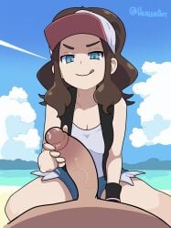 1boy 1girls beach big_breasts blue_eyes brown_hair clothed female_on_top handjob hat healerart hilda_(pokemon) licking_lips long_hair looking_at_partner looking_at_viewer outdoors penis pokemon pokemon_bw precum smile touching_penis