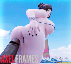 1boy 1girls 3d axelframes beach bikini bikini_top black_nails black_penis body_hair brown_hair female human male mei_(overwatch) metal_bracelet overwatch overwatch_2 penis