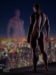 3d 3d_(artwork) 3d_model alone bara bara_ass bara_tits batou cityscape cybernetic_limbs cybernetic_penis flaccid flaccid_cock flaccid_penis ghost_in_the_shell investigator japanese light-skinned_male light_skin male_focus male_only mirror_reflection muscular muscular_male night nighttime prosthetic_eyes saltyrenders soldier solo solo_focus solo_male tokyo white_eyes white_hair