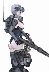 antenna backpack female female_only fingerless_gloves fully_clothed gloves holding_weapon iuui nail_polish revealing_clothes sideboob skimpy_clothes tagme tight_clothing visor