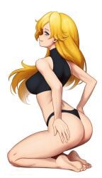 1girls ass barefoot blonde_hair feet female legs long_hair metroid patreon_url revenantart samus_aran solo super_metroid white_background