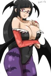 1girls alternate_hairstyle animal_print arc_system_works bare_shoulders bat_print bat_wings big_breasts black_hair blazblue blazblue:_calamity_trigger breasts bridal_gauntlets capcom cleavage cosplay darkstalkers female female_only glasses head_wings huge_breasts large_breasts leotard litchi_faye_ling long_hair morrigan_aensland morrigan_aensland_(cosplay) pantyhose print_pantyhose red_eyes semi-rimless_eyewear solo thick_thighs under-rim_eyewear vampire_(game) wings yuuya_(blue_scarab)