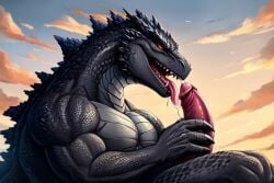 ai_generated black_body godzilla godzilla_(series) hi_res male monsterverse penis red_eyes solo sucking_own_penis sucking_penis tongue tongue_out