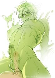 alternate_species balls big_pecs blush bodily_fluids cum cum_inside duo genital_fluids genitals goo_creature goo_humanoid green_body green_hair hair heart_symbol hi_res human humanoid male male/male male_penetrated male_penetrating male_penetrating_male mammal nipples no_internal_organs not_furry nu:_carnival olivine_(nu:_carnival) pecs penetration penis sex tongue translucent translucent_body vodovich