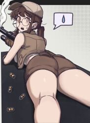 ass bangs bare_shoulders brown_eyes brown_hair crooked_glasses crop_top eyebrows eyelashes female fio_germi firearm glasses gun hat metal_slug midriff ponytail powtaytow3333 round_glasses short_shorts shorts shotgun shotgun_shell shotgun_shells smoke sweatdrop thick_thighs thighs vest