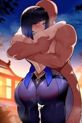 ai_generated anal ass blush cling clothed cum dress female hug hugging light_skin male pout pouting tight yelan_(genshin_impact)