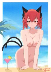 absurdres animal_ears blue_sky blurry blurry_background blush breasts cat_ears cat_girl cat_tail chiaki_koizumi cleavage closed_mouth cloud collarbone commentary completely_nude cup drinking_glass female highres kaenbyou_rin large_breasts looking_at_viewer medium_hair multiple_tails navel nekomata nipples nude outdoors red_eyes red_hair signature sky solo tail tails touhou two_tails variant_set