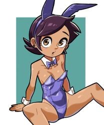 1girls bare_shoulders brown_eyes brown_skin bunny_ears bunnysuit earrings female latina luz_noceda n___k___m purple_hair short_hair small_breasts solo solo_female spread_legs the_owl_house