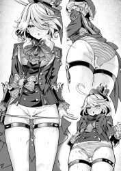 absurdres ahoge ascot ass bar_censor blush bow bow_panties censored cowlick cum cum_on_body cum_on_legs cumdrip drop-shaped_pupils ejaculation female full-face_blush furina_(genshin_impact) genshin_impact gloves greyscale hair_between_eyes hat heavy_breathing highres long_hair long_sleeves looking_at_viewer monochrome multicolored_hair nose_blush open_mouth paid_reward_available panties panty_pull penis pulled_by_self standing streaked_hair striped_clothes striped_panties sweat symbol-shaped_pupils thigh_gap thigh_sex thighs top_hat underwear white-paka