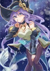 bare_shoulders blue_bow blue_eyes bow breasts cleavage collarbone detached_sleeves dress duel_monster eye_of_horus female hair_between_eyes hat highres index_finger_raised long_hair long_sleeves medium_breasts nasubi3632 nightmare_apprentice pantyhose purple_hair solo wizard_hat yu-gi-oh!